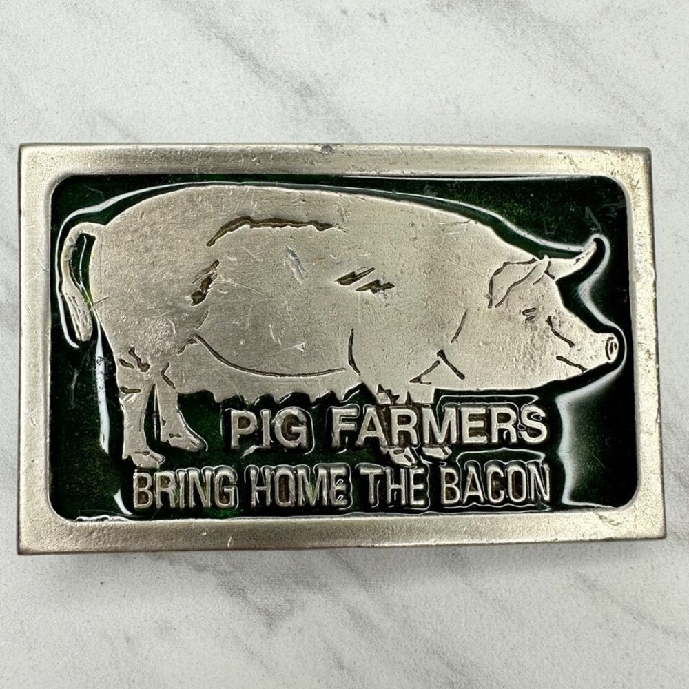 Vintage Pig Farmers Bring Home The Bacon Green Enamel Belt Buckle ✨
